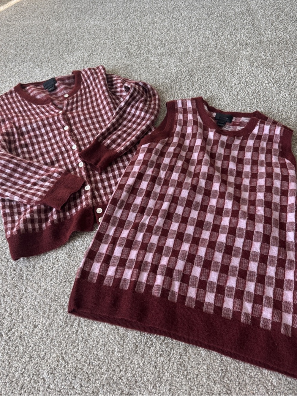 JCrew Burgundy Gingham Italian Cashmere Cardigan Shell Sweater Set S